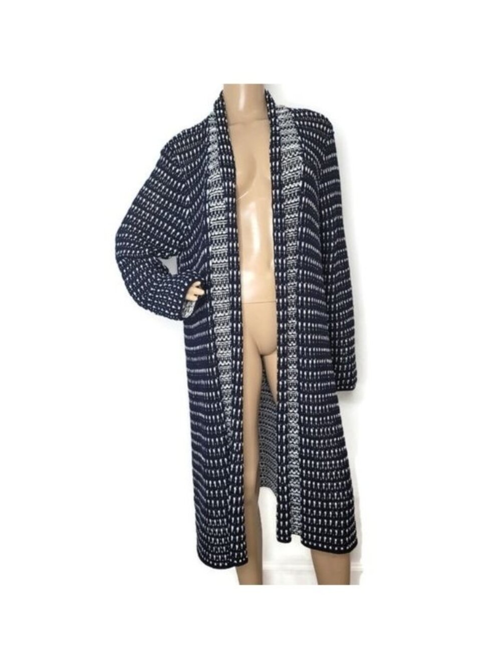 St. John Collection Long Open Knit Blue & White Cardigan Sweater Womens Size L - Picture 7 of 8
